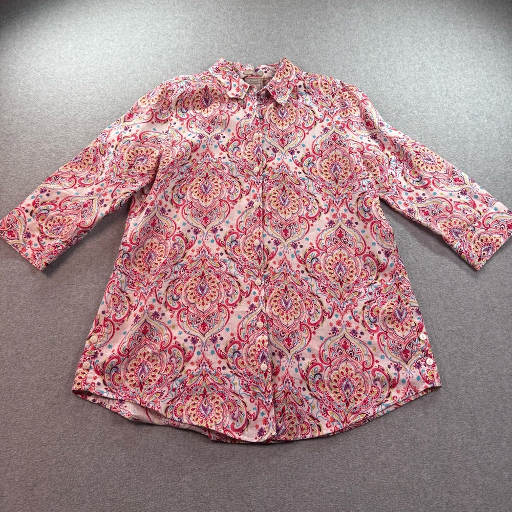 Chico’s‎ No Iron 100% Linen 3/4 Sleeve Paisley Top Button Down Blouse Sz 4/6